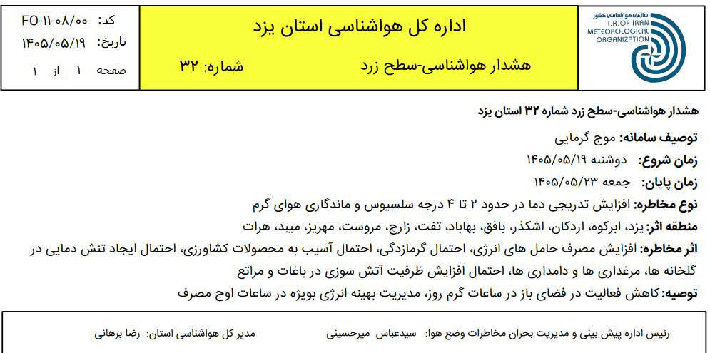 هشدار گرمای شدید در یزد
